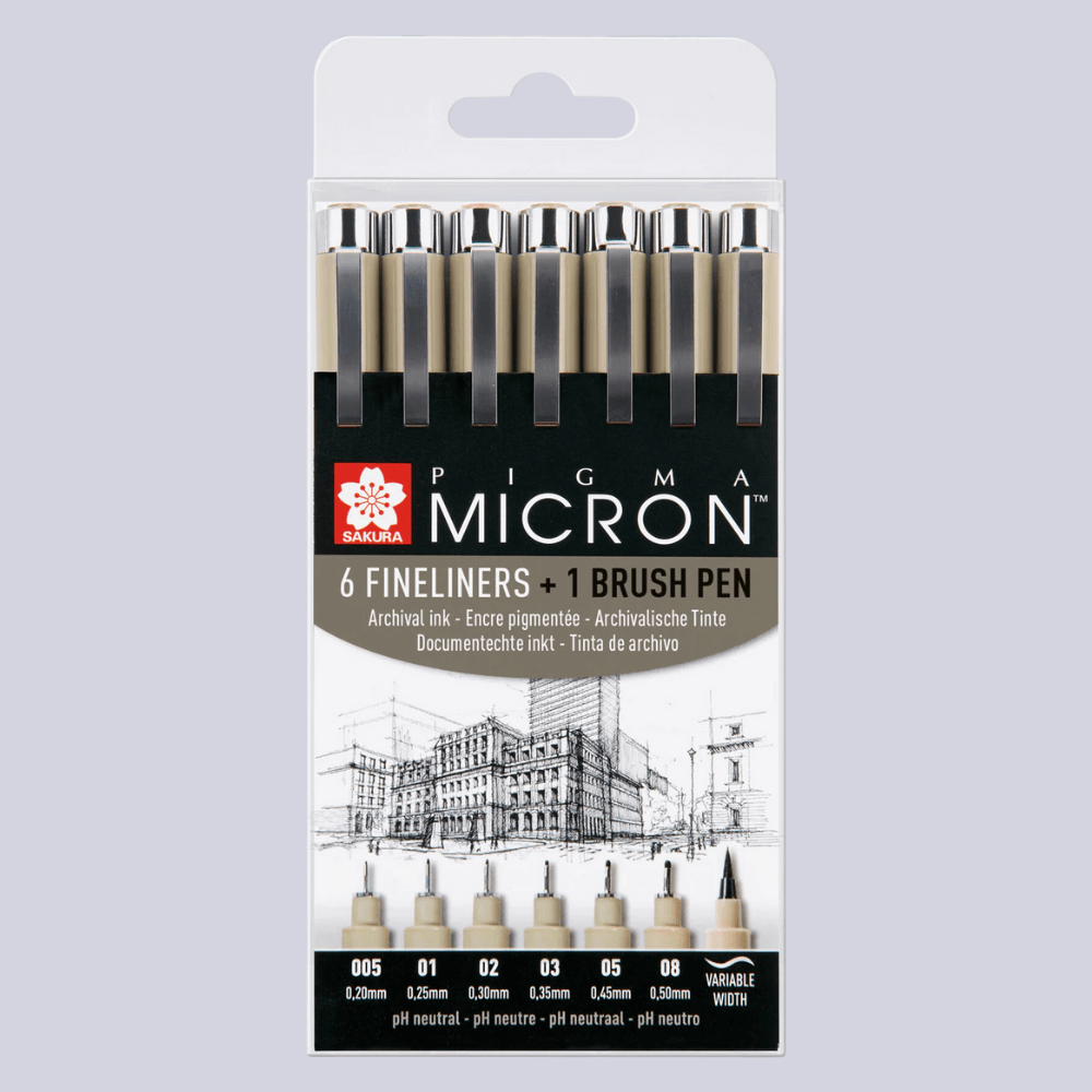 PIGMA® Micron™ Set mit 6 Finelinern + 1 Brush Pen